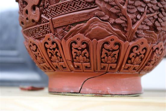 A Chinese cinnabar lacquer vase, late 19th century, enamel interior 33cm